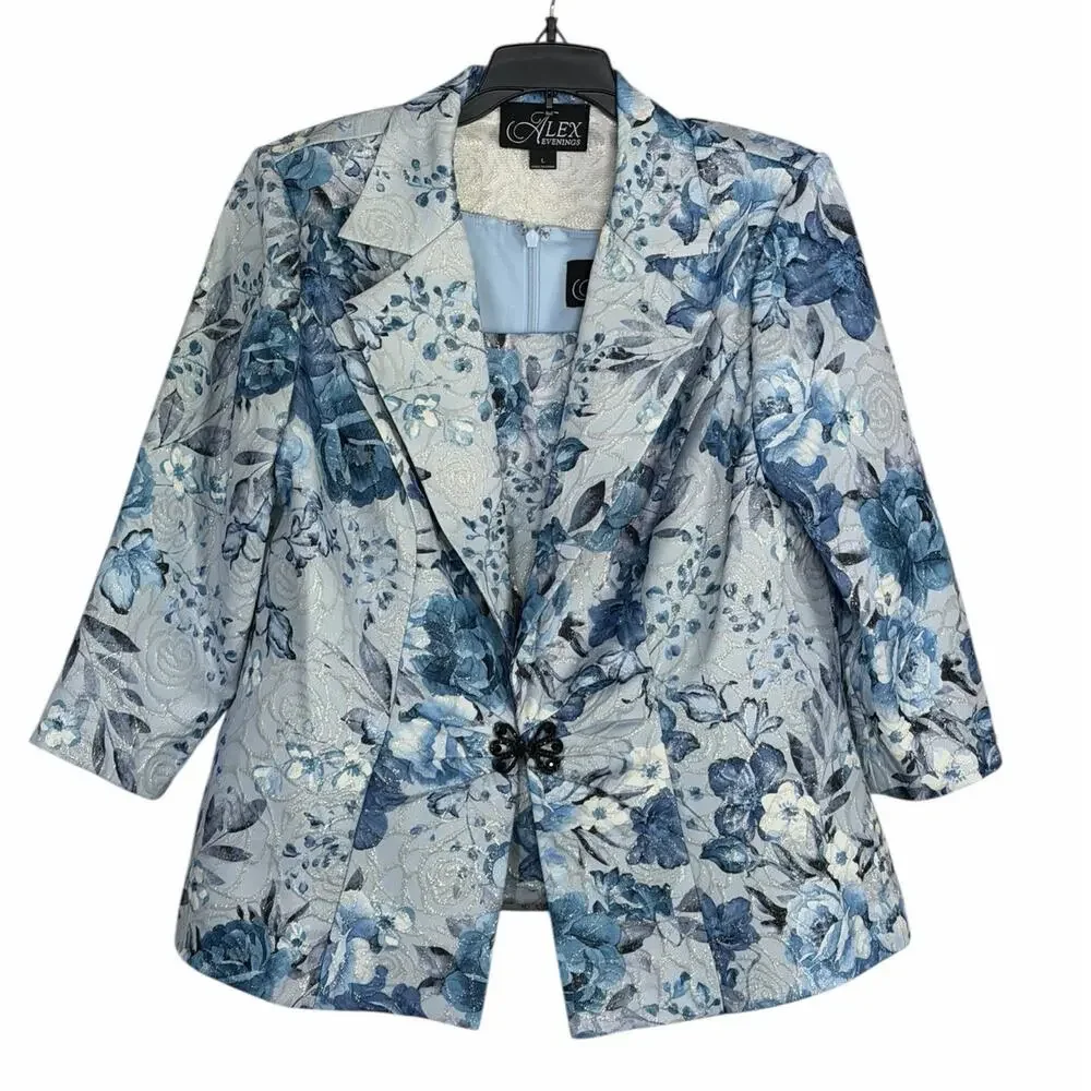 Alex Evenings Womens Formal Floral Printed Camisole & Matching Jacket Blue Large